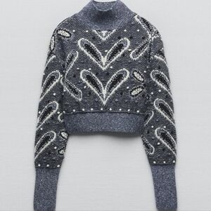 Zara Navy and White Patterned Turtleneck Sweater